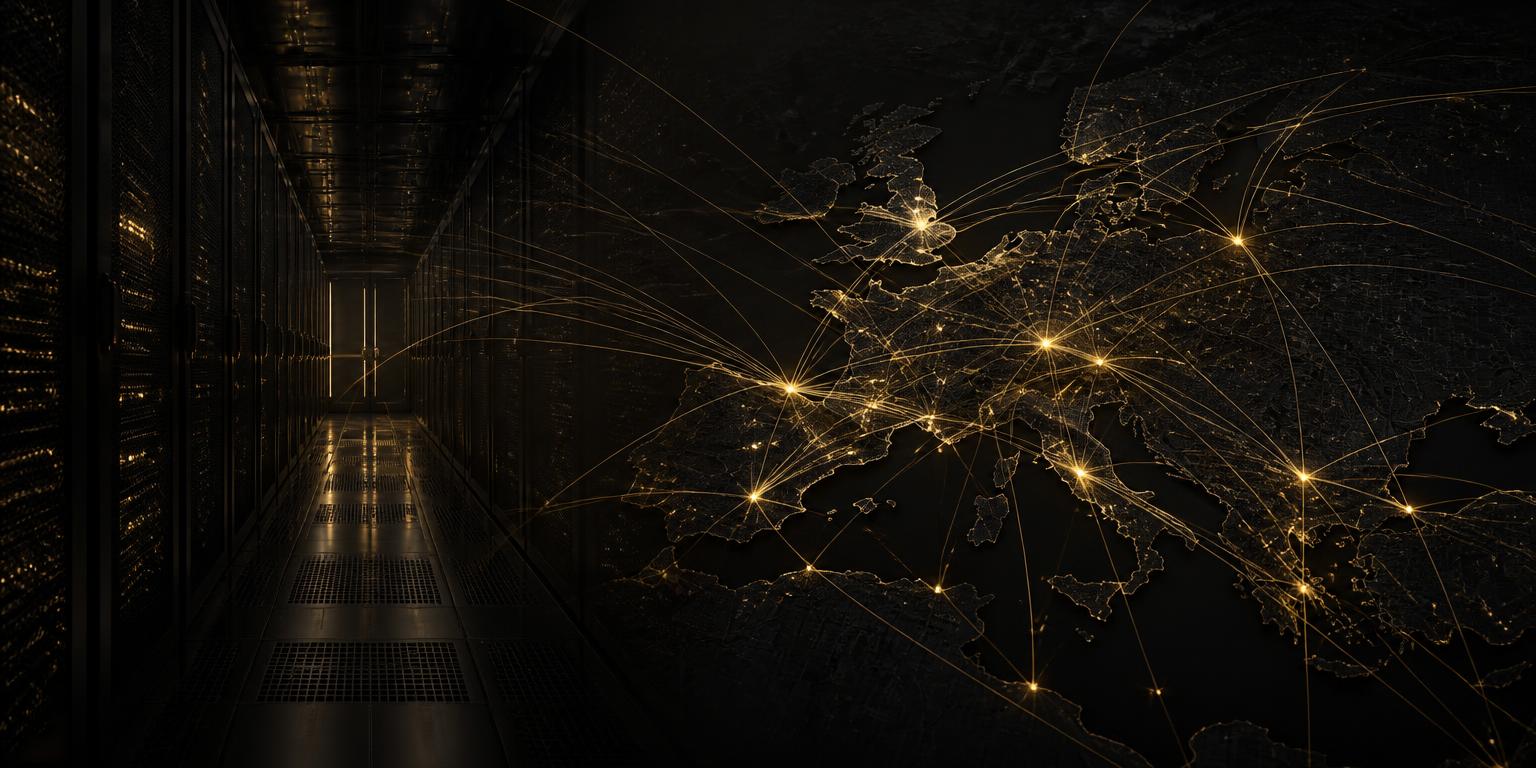 Abstract representation of data centres and fibre network at European scale