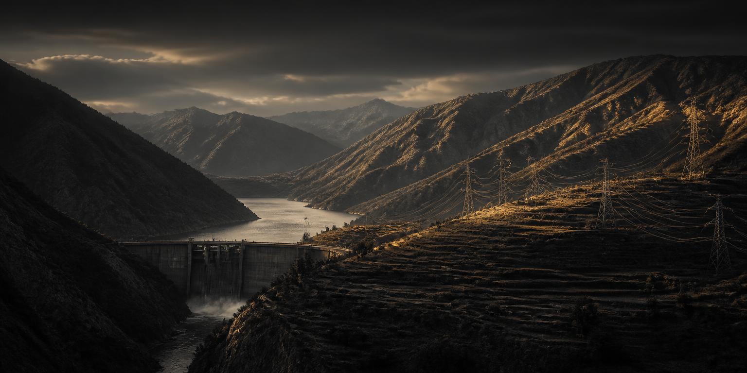 Western Balkans valley with a hydroelectric dam, transmission lines and farmland